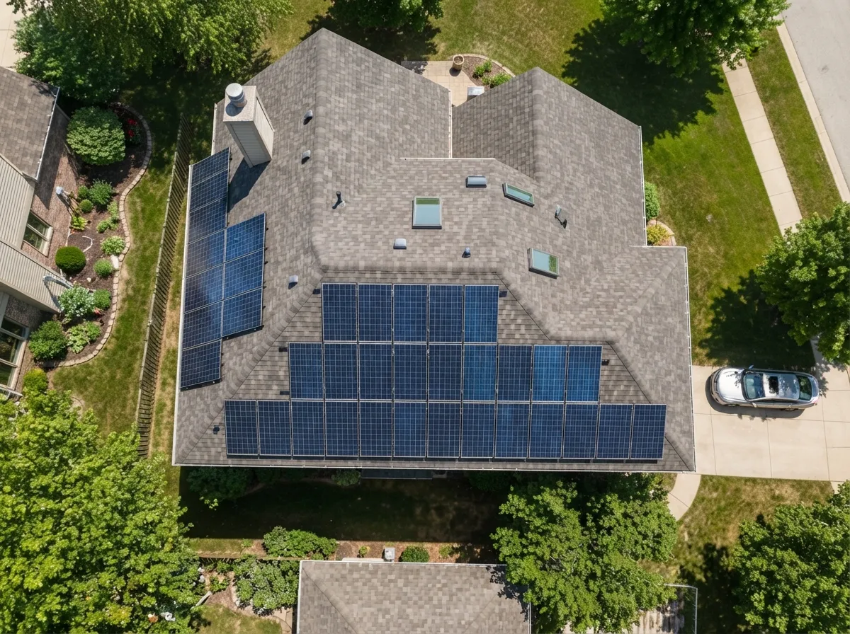 Aerial view of a South Carolina rooftop with solar panels