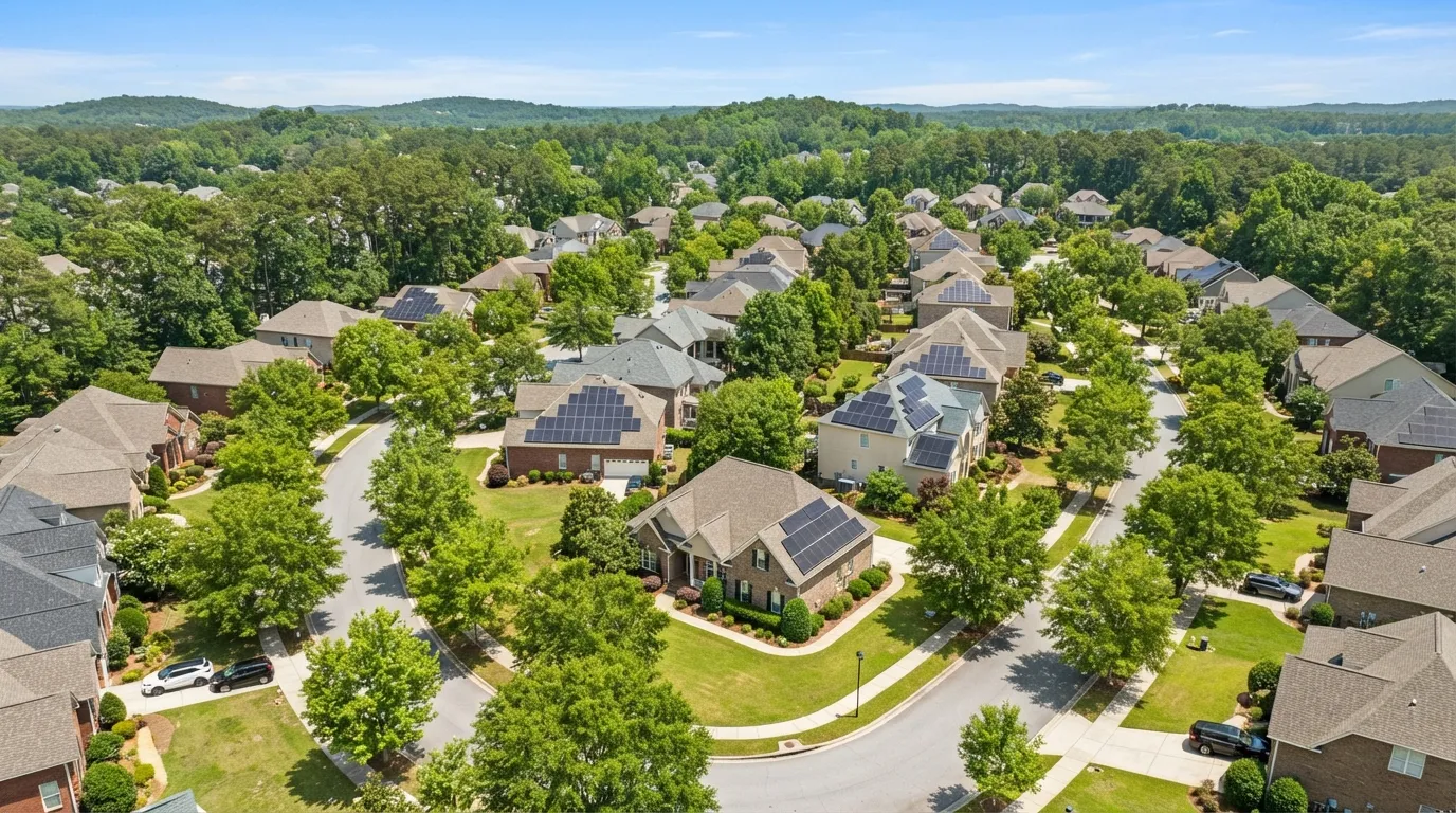 Aerial view of a sunny South Carolina neighborhood