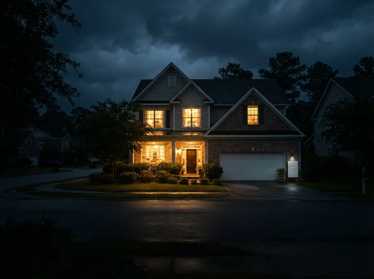 A home glowing at night during a neighborhood power outage